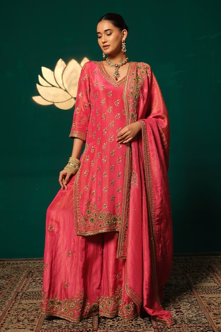 Shop_Niloufer By Aasif Ally_Pink Tissue Sequins, Zari, Embroidery V-neck Floral Kurta Sharara Set _Online_at_Aza_Fashions