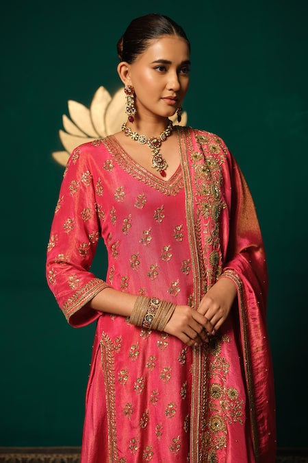 Niloufer By Aasif Ally_Pink Tissue Sequins, Zari, Embroidery V-neck Floral Kurta Sharara Set _at_Aza_Fashions