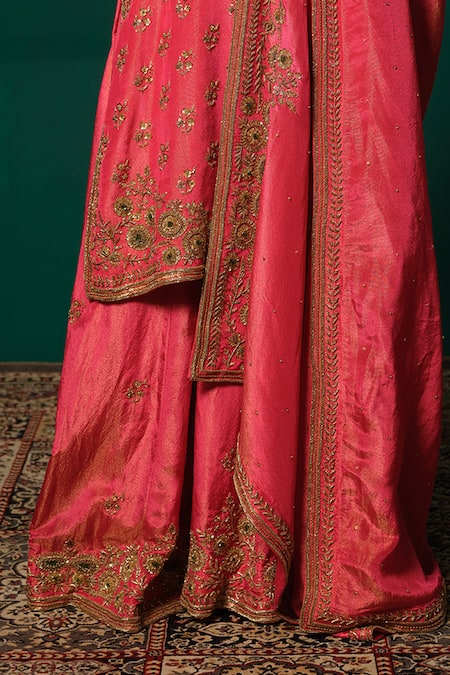 Shop_Niloufer By Aasif Ally_Pink Tissue Sequins, Zari, Embroidery V-neck Floral Kurta Sharara Set 