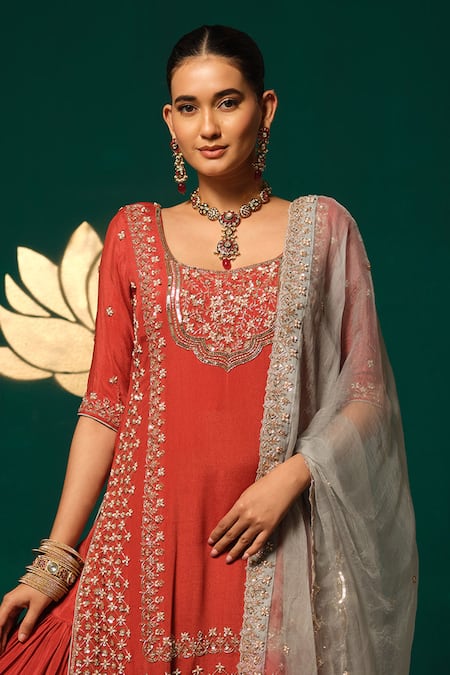 Niloufer By Aasif Ally Red Chinon, Tissue, Organza Sequins, Beads, Embroidery Floral Kurta Sharara Set Online at Aza Fashions Niloufer By Aasif Ally_Red Chinon, Tissue, Organza Sequins, Beads, Embroidery Floral Kurta Sharara Set _Online_at_Aza_Fashions