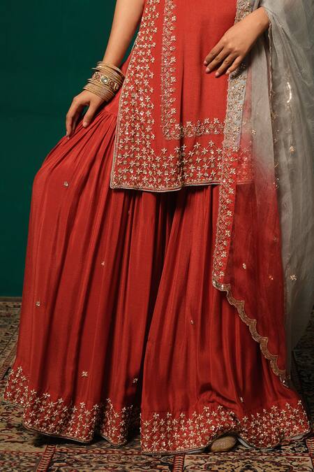 Buy Niloufer By Aasif Ally Red Chinon, Tissue, Organza Sequins, Beads, Embroidery Floral Kurta Sharara Set Online at Aza Fashions Buy_Niloufer By Aasif Ally_Red Chinon, Tissue, Organza Sequins, Beads, Embroidery Floral Kurta Sharara Set _Online_at_Aza_Fashions