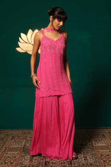 Niloufer By Aasif Ally_Pink Chinon Sequins, Beads Sweetheart Neck Cutdana Embroidered Kurta Sharara Set _Online_at_Aza_Fashions
