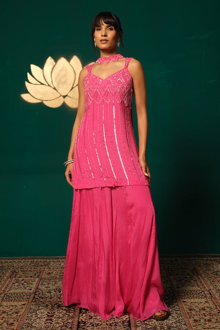 Buy_Niloufer By Aasif Ally_Pink Chinon Sequins, Beads Sweetheart Neck Cutdana Embroidered Kurta Sharara Set 