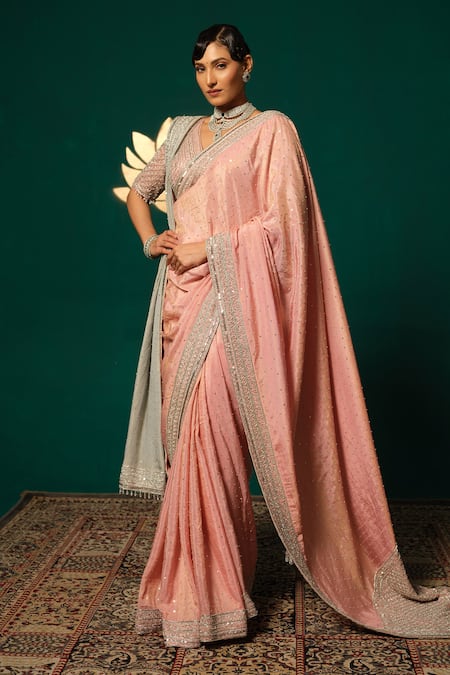 Buy_Niloufer By Aasif Ally_Pink Tissue Sequins, Zari, Beads Embroidered Saree Set With Contrast Dupatta _Online_at_Aza_Fashions