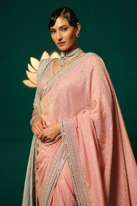 Shop_Niloufer By Aasif Ally_Pink Tissue Sequins, Zari, Beads Embroidered Saree Set With Contrast Dupatta _Online_at_Aza_Fashions