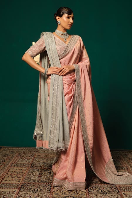 Niloufer By Aasif Ally_Pink Tissue Sequins, Zari, Beads Embroidered Saree Set With Contrast Dupatta _at_Aza_Fashions
