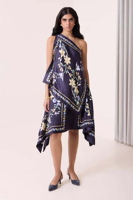 Needleten Floral Print One Shoulder Asymmetric Blouse 