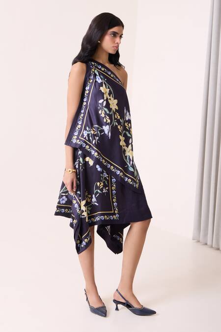 Needleten Navy Satin, Linen One Shoulder Floral Print Asymmetric Blouse Online at Aza Fashions Needleten_Navy Satin, Linen One Shoulder Floral Print Asymmetric Blouse _Online_at_Aza_Fashions