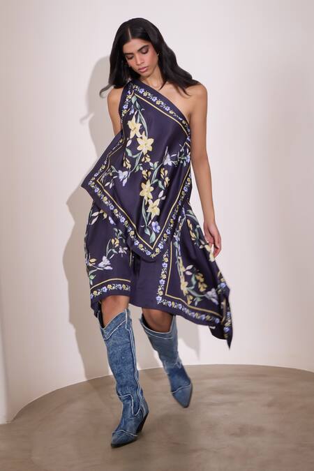 Buy Needleten Navy Satin, Linen One Shoulder Floral Print Asymmetric Blouse Online at Aza Fashions Buy_Needleten_Navy Satin, Linen One Shoulder Floral Print Asymmetric Blouse _Online_at_Aza_Fashions