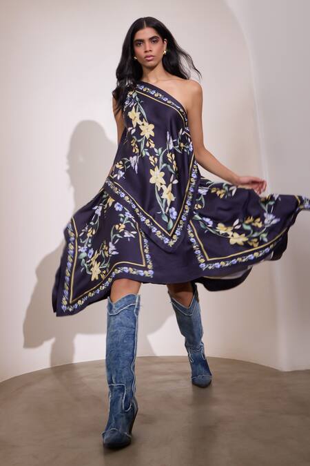 Shop Needleten Navy Satin, Linen One Shoulder Floral Print Asymmetric Blouse Online at Aza Fashions Shop_Needleten_Navy Satin, Linen One Shoulder Floral Print Asymmetric Blouse _Online_at_Aza_Fashions
