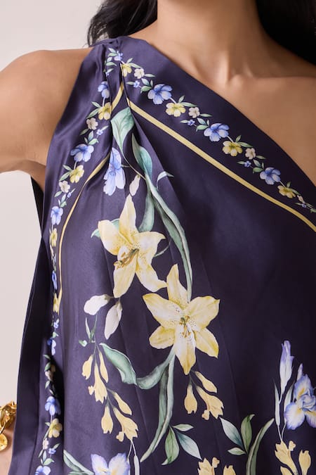 Buy Needleten Navy Satin, Linen One Shoulder Floral Print Asymmetric Blouse Buy_Needleten_Navy Satin, Linen One Shoulder Floral Print Asymmetric Blouse