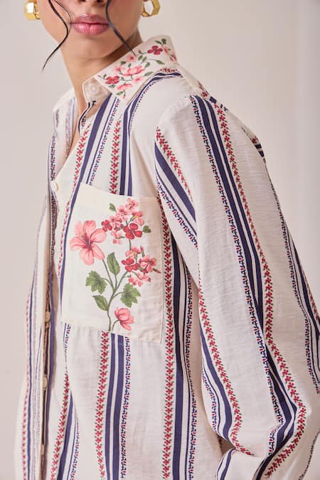 Needleten Cream Viscose Collared, V-neck Striped Floral Embroidered Shirt Online at Aza Fashions Needleten_Cream Viscose Collared, V-neck Striped Floral Embroidered Shirt _Online_at_Aza_Fashions