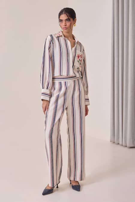 Needleten Striped Floral Embroidered Shirt 