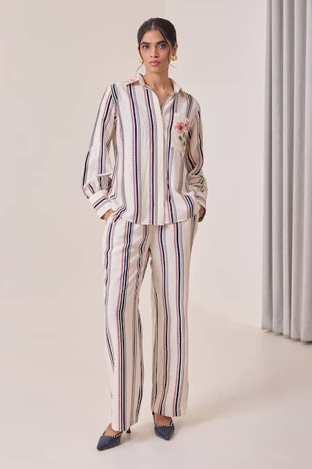 Shop Needleten Cream Viscose Collared, V-neck Striped Floral Embroidered Shirt Online at Aza Fashions Shop_Needleten_Cream Viscose Collared, V-neck Striped Floral Embroidered Shirt _Online_at_Aza_Fashions