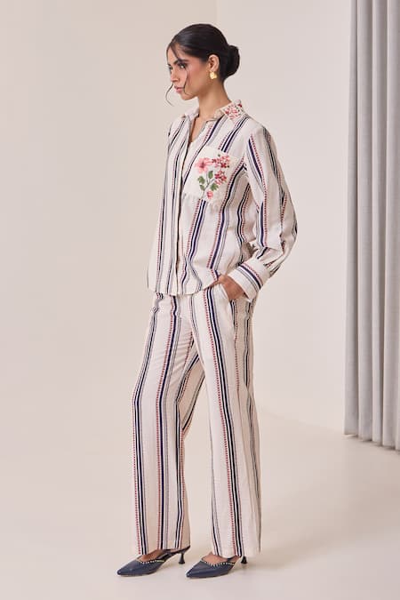 Needleten Cream Viscose Collared, V-neck Striped Floral Embroidered Shirt at Aza Fashions Needleten_Cream Viscose Collared, V-neck Striped Floral Embroidered Shirt _at_Aza_Fashions