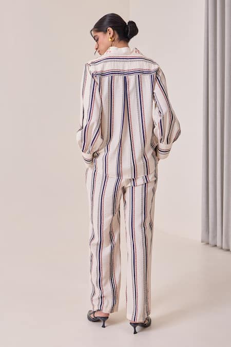 Needleten Striped Floral Embroidered Shirt 