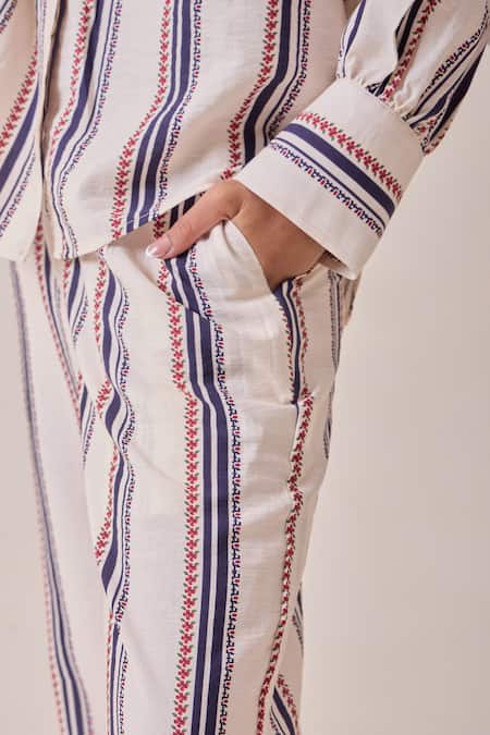 Buy Needleten Cream Viscose Collared, V-neck Striped Floral Embroidered Shirt Buy_Needleten_Cream Viscose Collared, V-neck Striped Floral Embroidered Shirt