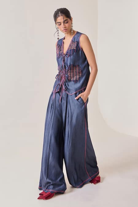 Needleten Blue Tencel, Denim Pleated Trouser Online at Aza Fashions Needleten_Blue Tencel, Denim Pleated Trouser _Online_at_Aza_Fashions