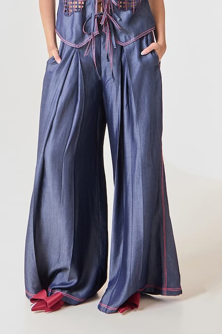 Buy Needleten Blue Tencel, Denim Pleated Trouser Online at Aza Fashions Buy_Needleten_Blue Tencel, Denim Pleated Trouser _Online_at_Aza_Fashions