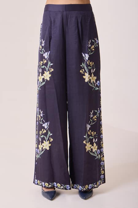 Needleten Navy Linen, Satin Floral Print Wide Leg Pant Online at Aza Fashions Needleten_Navy Linen, Satin Floral Print Wide Leg Pant _Online_at_Aza_Fashions