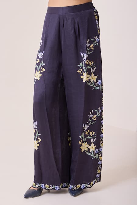 Buy Needleten Navy Linen, Satin Floral Print Wide Leg Pant Online at Aza Fashions Buy_Needleten_Navy Linen, Satin Floral Print Wide Leg Pant _Online_at_Aza_Fashions