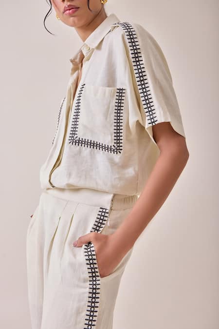 Needleten_Beige Linen Embroidery Collared, V-neck Geometric Shirt _Online_at_Aza_Fashions
