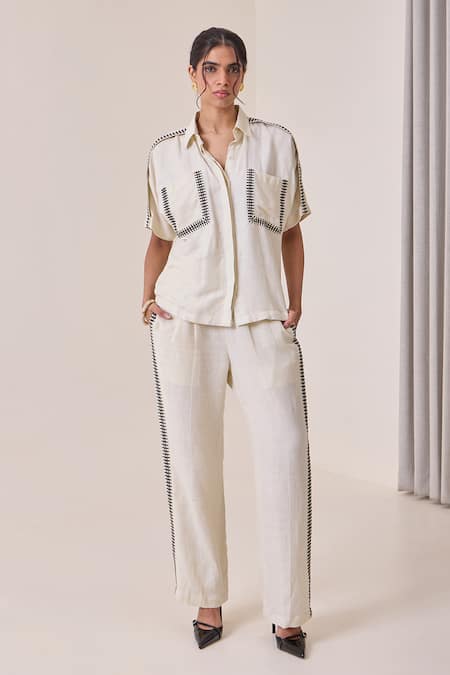 Shop_Needleten_Beige Linen Embroidery Collared, V-neck Geometric Shirt _Online_at_Aza_Fashions
