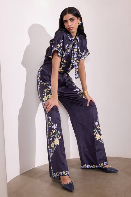 Needleten_Navy Linen, Satin Collared Floral Print Shirt And Pant Set _Online_at_Aza_Fashions