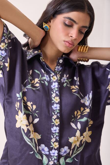 Buy_Needleten_Navy Linen, Satin Collared Floral Print Shirt And Pant Set _Online_at_Aza_Fashions