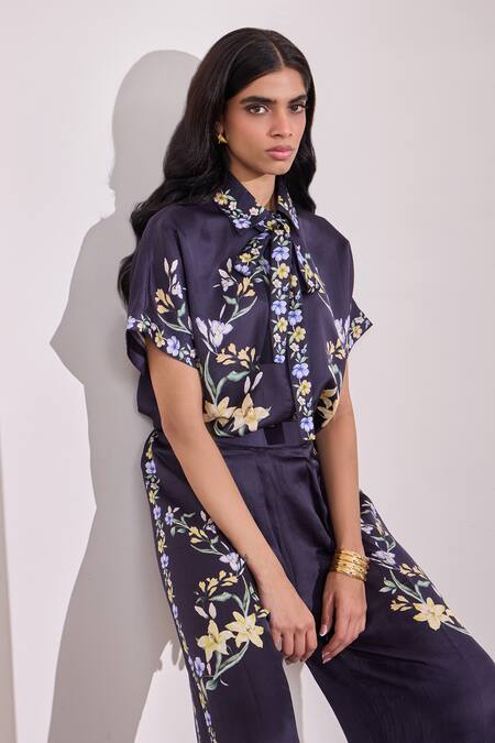 Shop_Needleten_Navy Linen, Satin Collared Floral Print Shirt And Pant Set _Online_at_Aza_Fashions
