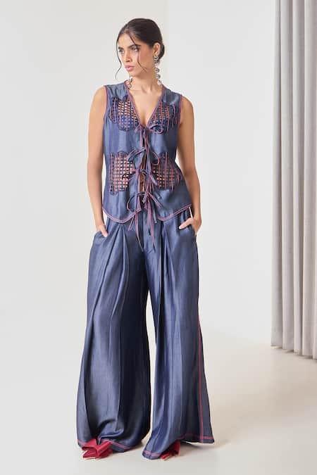 Needleten Denim Cutwork Tie-Up Blouse 