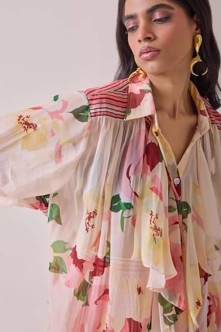 Needleten_Peach Vegan Silk, Organza Collared, V-neck Floral Ruffled Shirt _at_Aza_Fashions