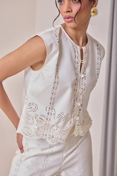 Shop_Needleten_Ivory Taffeta, Cotton Cut Work, Applique Laser Cutwork Button Closure Jacket _Online_at_Aza_Fashions