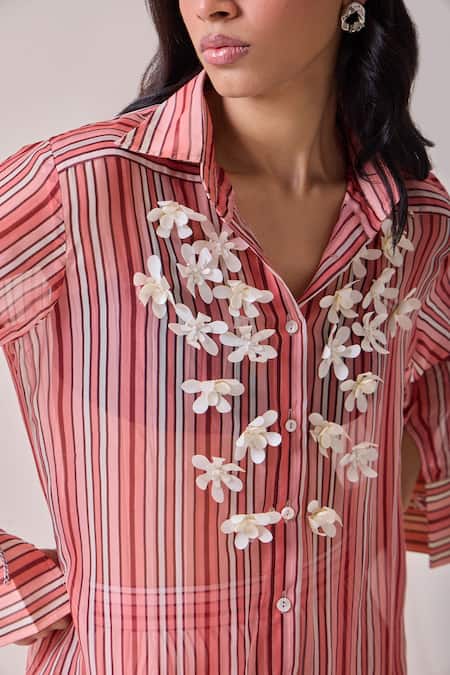 Buy Needleten Coral Vegan Silk, Organza Fabric Flowers Collared, Striped Applique Shirt Online at Aza Fashions Buy_Needleten_Coral Vegan Silk, Organza Fabric Flowers Collared, Striped Applique Shirt _Online_at_Aza_Fashions