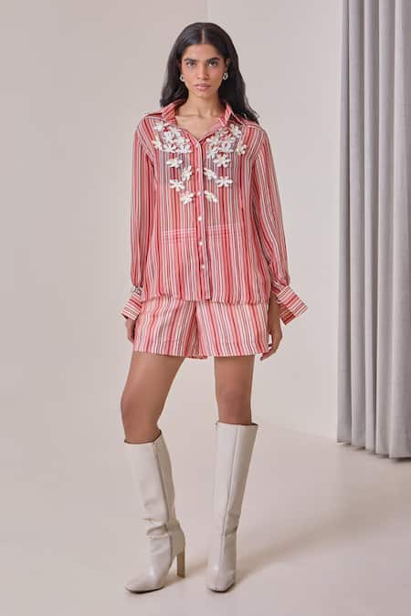 Needleten Striped Floral Applique Shirt 