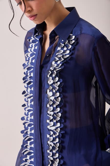 Needleten_Navy Vegan Silk, Organza Applique, Embroidery Collared Contrast Placket Shirt _Online_at_Aza_Fashions