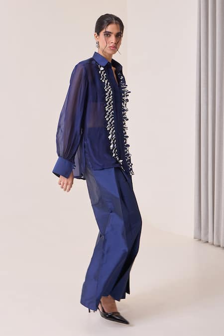 Buy_Needleten_Navy Vegan Silk, Organza Applique, Embroidery Collared Contrast Placket Shirt _Online_at_Aza_Fashions