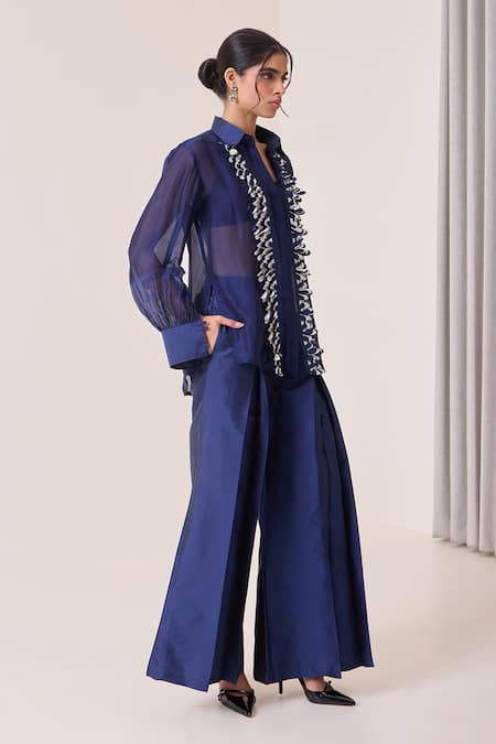 Shop_Needleten_Navy Vegan Silk, Organza Applique, Embroidery Collared Contrast Placket Shirt _Online_at_Aza_Fashions