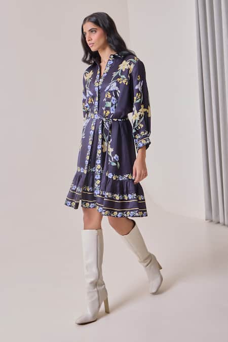Needleten_Navy Linen, Satin Collared, V-neck Floral Print Tiered Shirt Dress With Belt _Online_at_Aza_Fashions