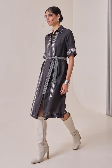 Needleten_Black Linen Embroidery Collared, Button-down Neck Shirt Dress With Belt _Online_at_Aza_Fashions