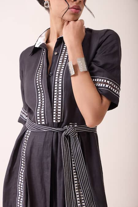 Buy_Needleten_Black Linen Embroidery Collared, Button-down Neck Shirt Dress With Belt _Online_at_Aza_Fashions