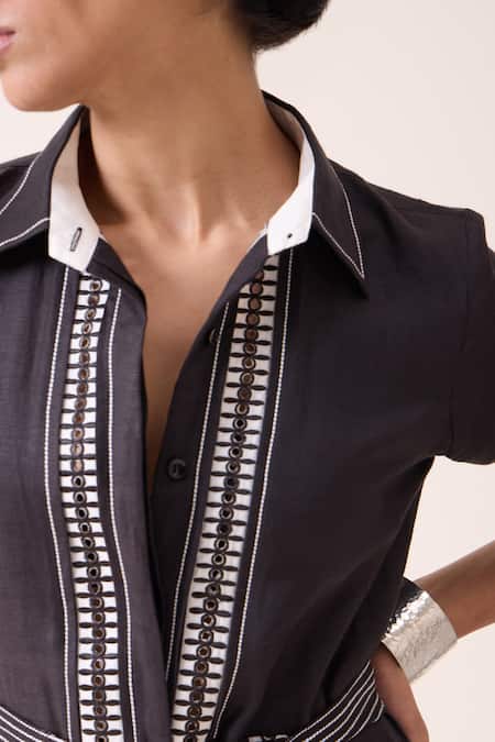 Shop_Needleten_Black Linen Embroidery Collared, Button-down Neck Shirt Dress With Belt _Online_at_Aza_Fashions