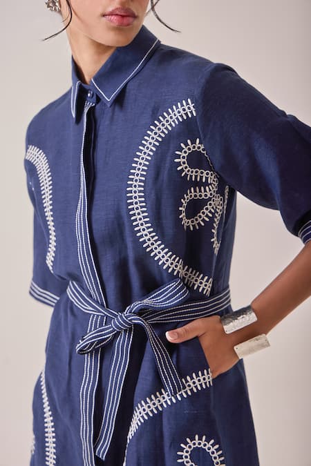 Buy_Needleten_Navy Linen Embroidery, Piping Collared Shirt Dress With Tie-up Belt _Online_at_Aza_Fashions