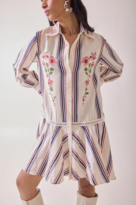 Needleten_Cream Viscose Embroidery Collared, Button-down Neck Striped Floral Shirt Dress _Online_at_Aza_Fashions