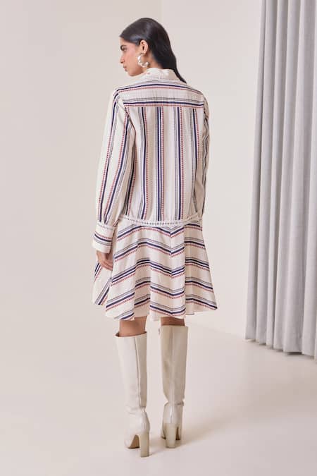 Needleten Striped Floral Embroidered Shirt Dress 