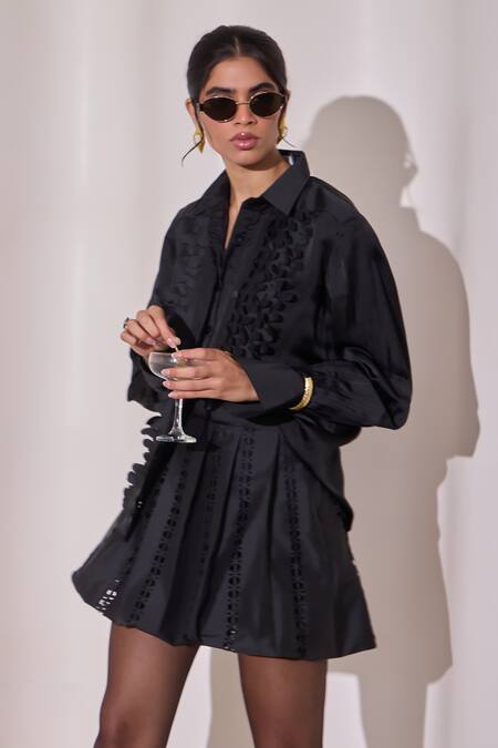 Buy_Needleten_Black Organza, Satin Applique Collared, Ruffle And Cutwork Detail Button Shirt _Online_at_Aza_Fashions