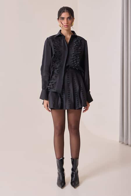 Shop_Needleten_Black Organza, Satin Applique Collared, Ruffle And Cutwork Detail Button Shirt _Online_at_Aza_Fashions