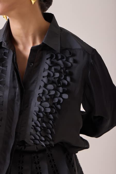 Shop_Needleten_Black Organza, Satin Applique Collared, Ruffle And Cutwork Detail Button Shirt 