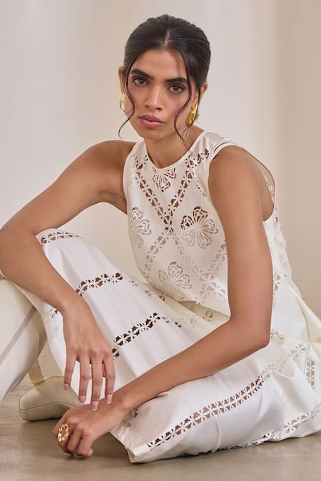 Buy Needleten Ivory Taffeta Cut Work Round Neck Floral Geometric Midi Dress Online at Aza Fashions Buy_Needleten_Ivory Taffeta Cut Work Round Neck Floral Geometric Midi Dress _Online_at_Aza_Fashions