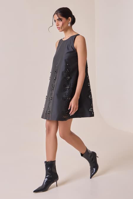 Needleten_Black Taffeta Sequins, Cut Work Round Neck, Floral Embellished Dress _Online_at_Aza_Fashions
